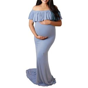 Ruffle Off Shoulder Blue Gray Maxi Maternity Dress